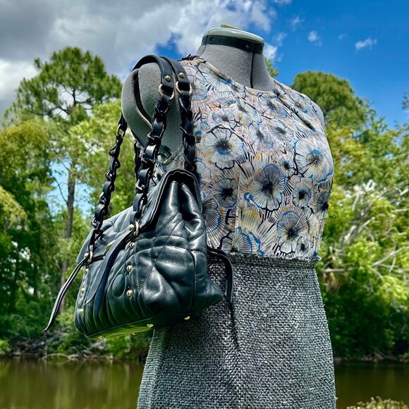 Stuart Weitzman Collection Black Leather Double Strap Turnlock Flap Shoulder Bag - Picture 3 of 16